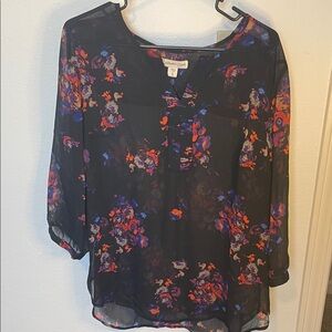Coldwater Creek Black Sheer Floral Split-Neck Blouse